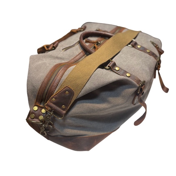 Canvas and Leather Trim Travel Bag vintage look Duffle bag - Picture 4 of 16